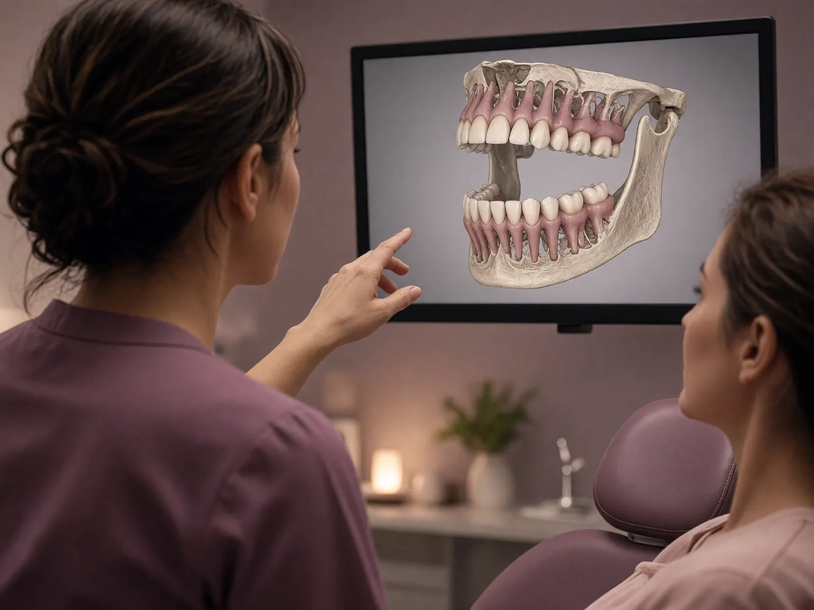 A clinician and a seated patient looking at a 3D jaw model on a wall screen in a treatment room