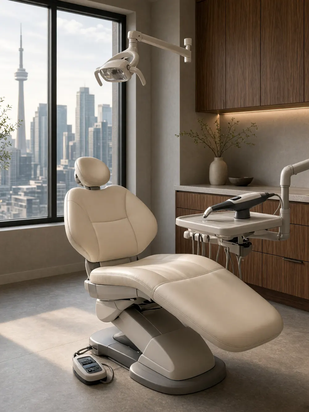 A dental treatment chair beside a tall window with the Toronto skyline and CN Tower beyond