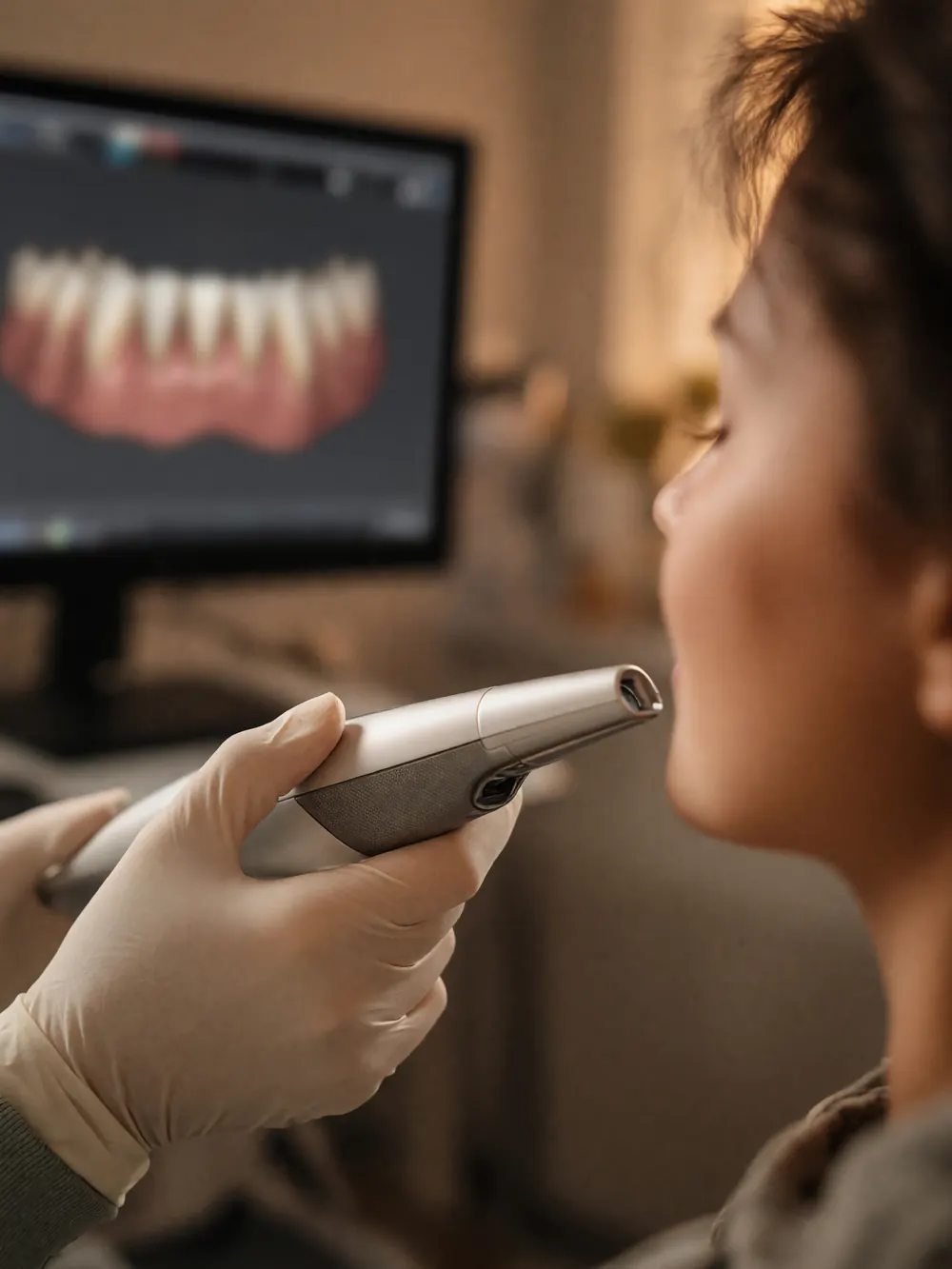 A clinician using a handheld scanner on a patient while a monitor beside them shows a 3D model of teeth