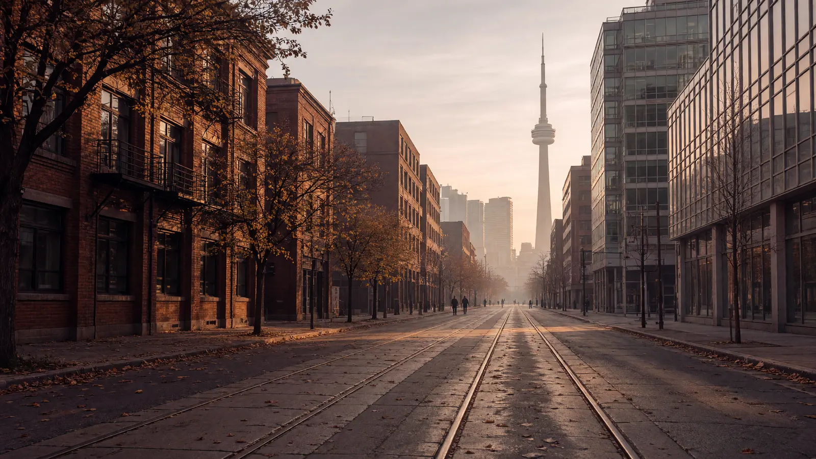 A Toronto street in early autumn light with brick buildings, streetcar tracks and the CN Tower in the distance