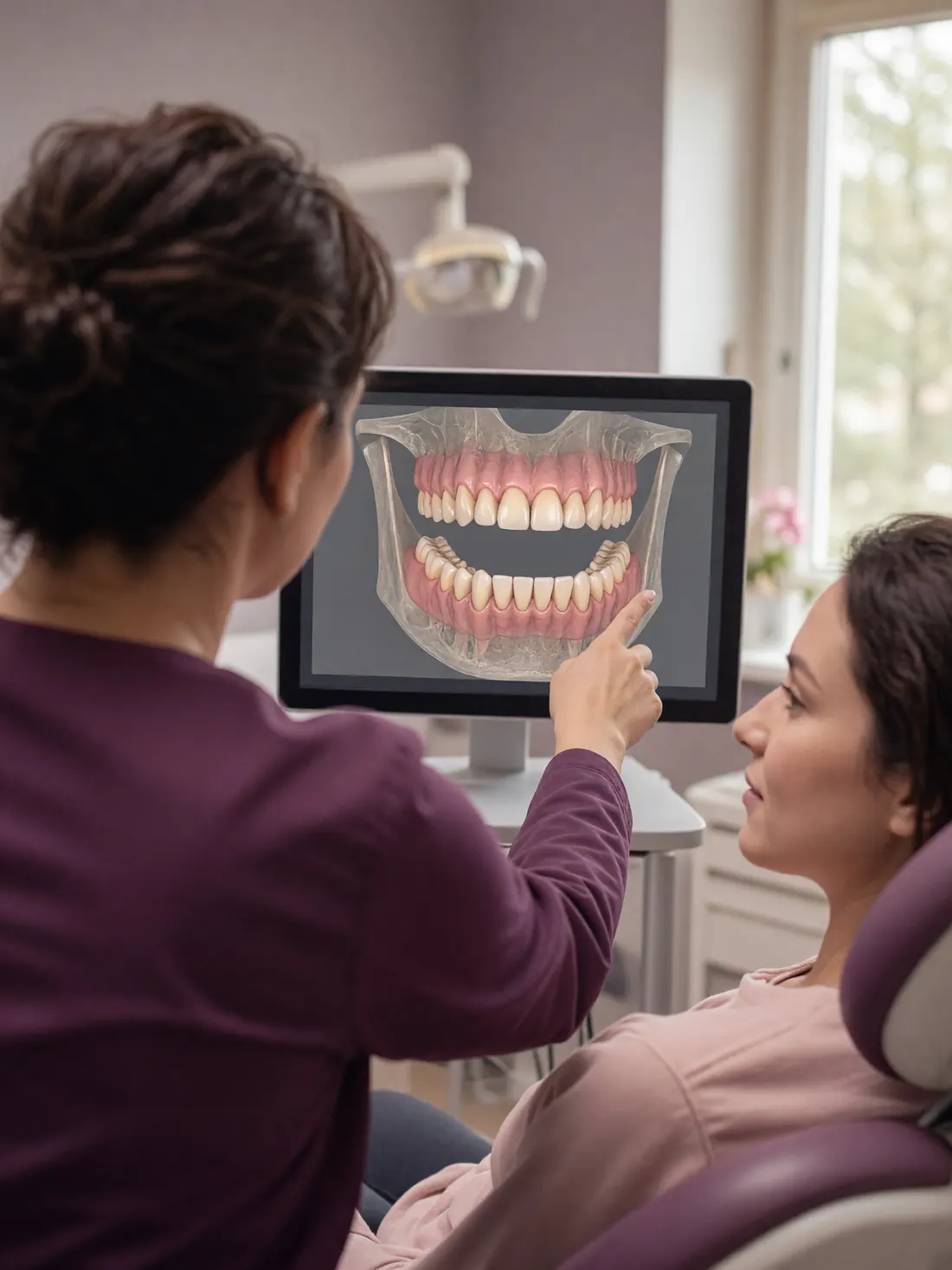 A dental clinician seen from behind points at a 3D jaw scan on a monitor while a seated patient in the treatment chair looks on